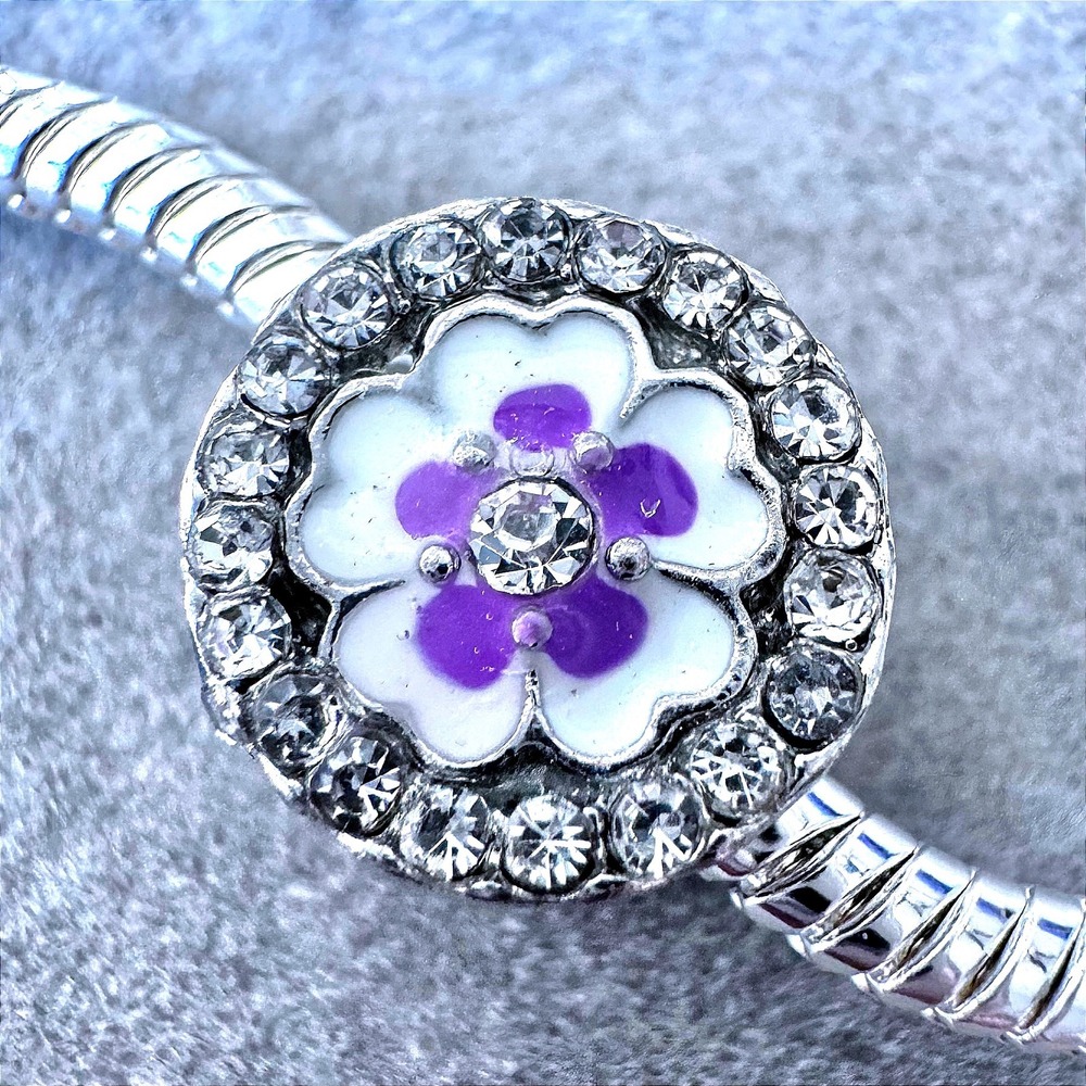 Silver Enamel Purple White Flower Bead Charm fits PANDORA‎